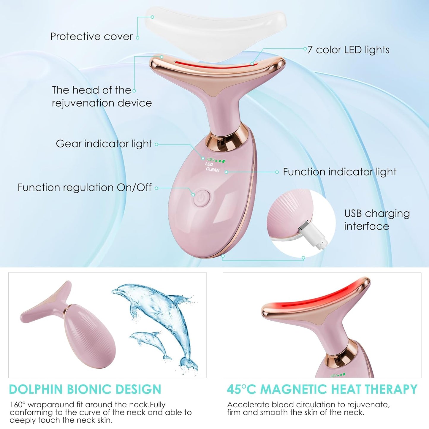 Red Light Therapy Facial Massager - 7 Color Sculpting Wand for Face & Neck | Perfect Gift for Women, Moms & Friends (Rose Gold)