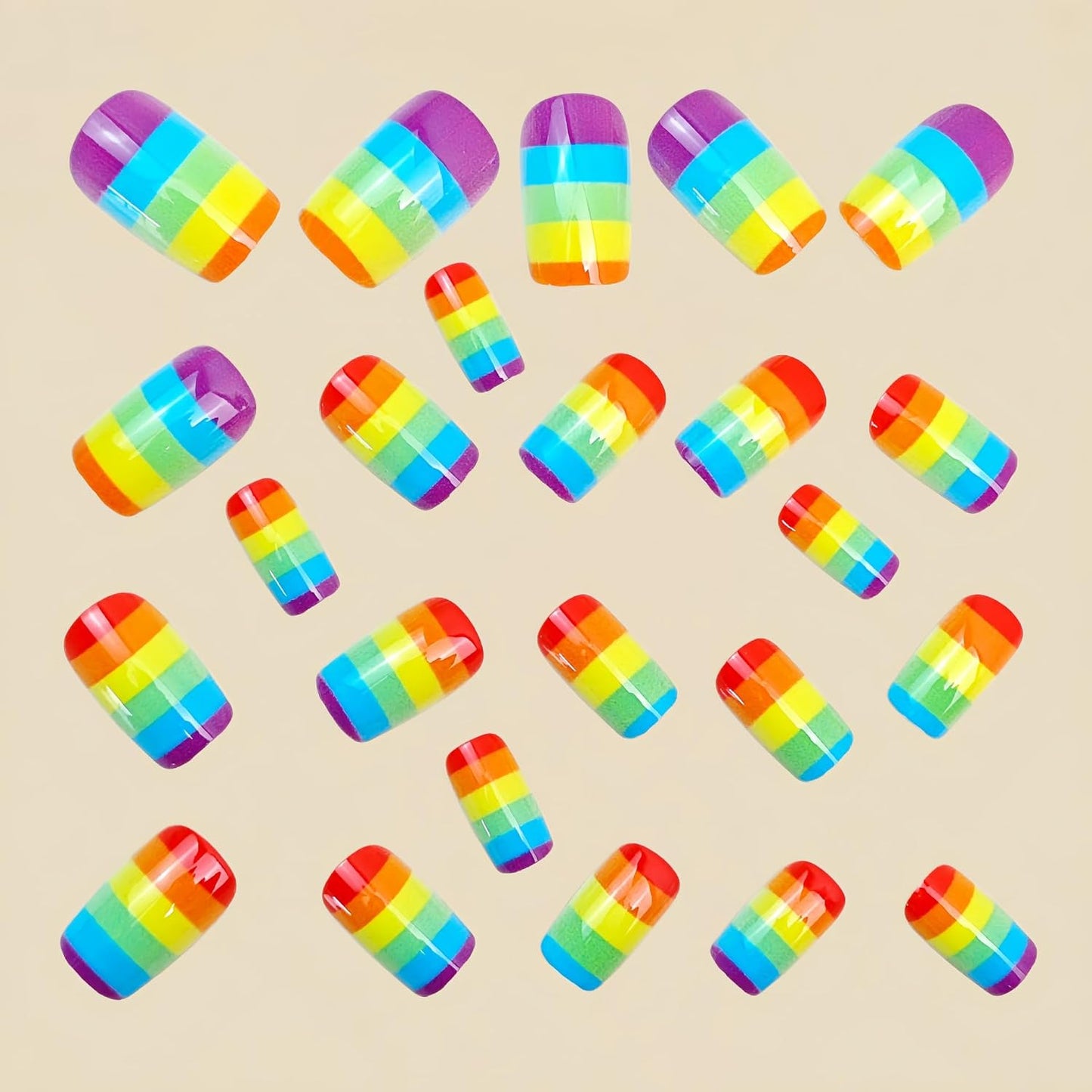 Rainbow Press On Nails - Medium Square Colorful Stripes Design | Glossy Acrylic Full Cover 24 Pcs for Women
