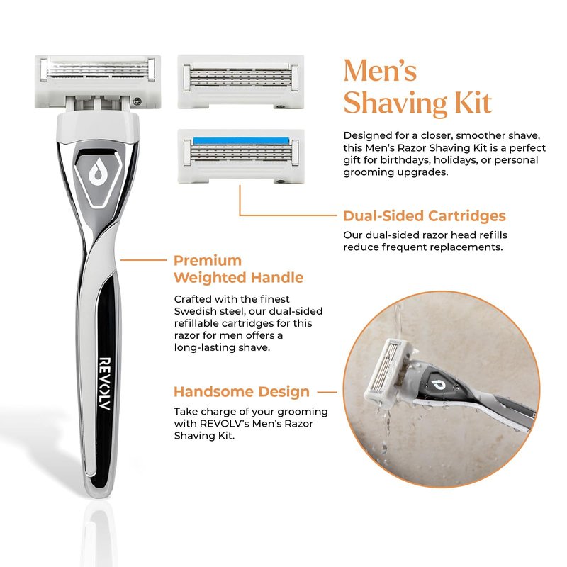 REVOLV - Men’s Razor - 1 Premium Weighted Handle + 1 Dual-Sided Cartridge - For a Closer, Smoother Shave - Safe on Sensitive Skin - Grey