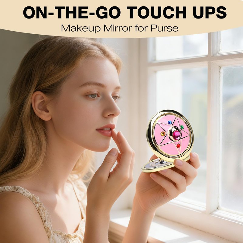 Saluaqui Anime Star Makeup Mirror, Cute Japanese Style Portable Folding Mirror with Crystal - 2.75 Inch Travel Purse Mirror, Unique Cosmetic Mirror & Cosplay Prop Gift for Women and Girls