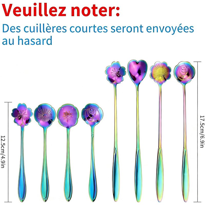SelfTek 8Pcs Rainbow Flower Spoon Set, 2 Different Size Colorful Stainless Steel Reusable Coffee Sugar Stirring Dessert Cake Tea Scoops Table Mixing Ice Tea Spo-on