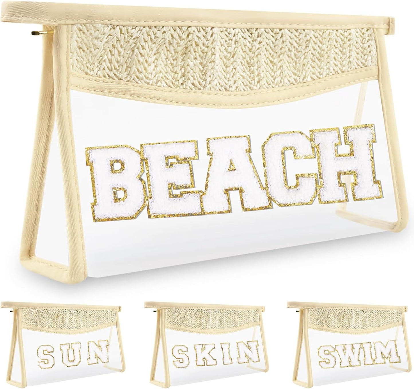 Clear Makeup Letter Patch Bag - Boho Transparent Toiletry Pouch | Small Waterproof Cosmetic Organizer for Women