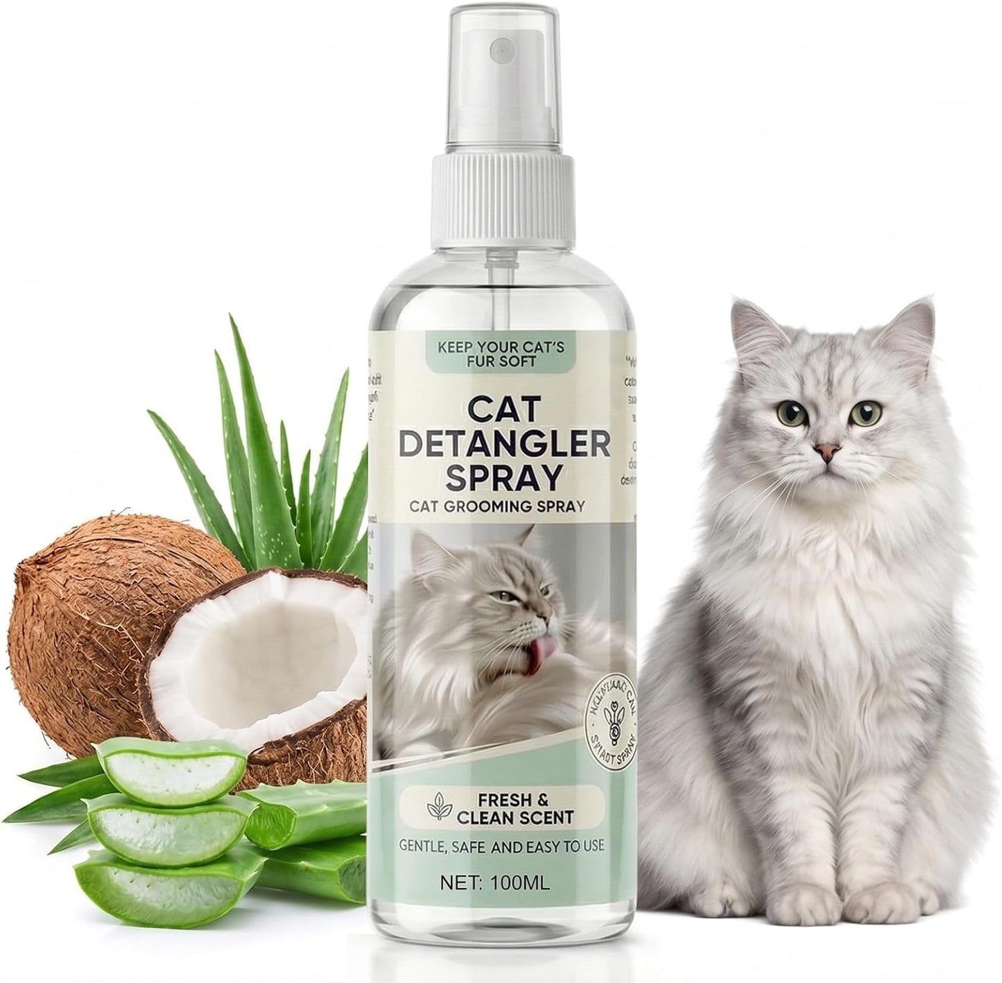 Cat Detangler Spray | Gentle Leave-in Grooming Spray with Aloe Vera & Coconut Oil - Loosens Knots, Reduces Static - 100ml