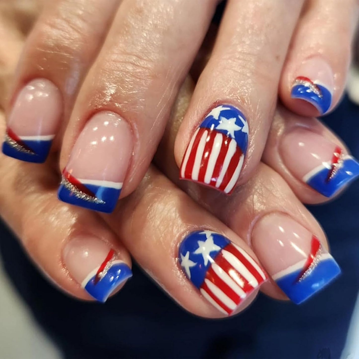 Press On Nails - Medium Square American Flag Glitter Design | 24Pcs Red, Blue & Gold 4th of July Fake Nails