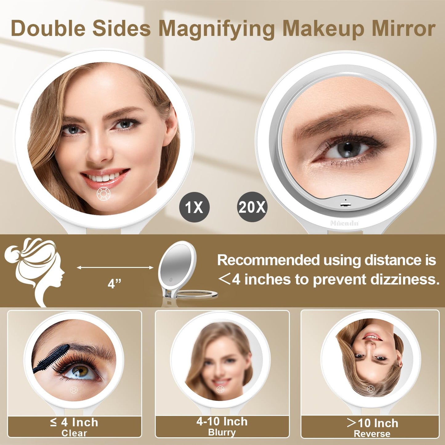 Mocado Travel Makeup Mirror with Light, 1X/20X Magnifying, Double Sided, 3 Color Light, Dimmable Touch, Rechargeable, Tabletop Standing, White