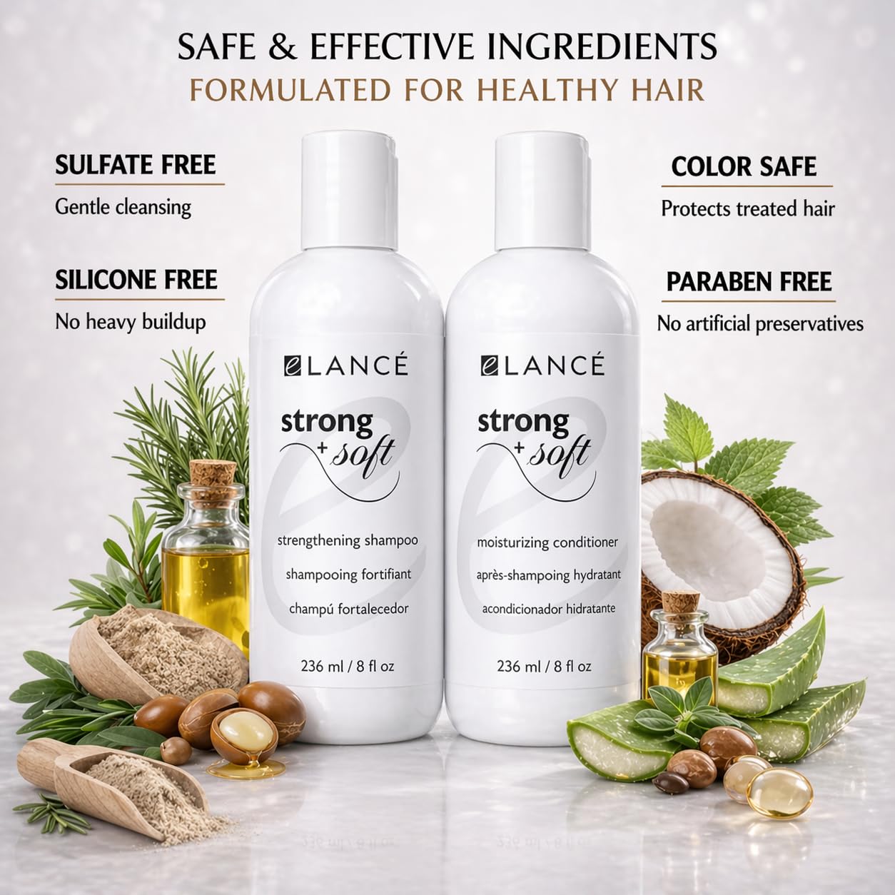 Hair Growth & Repair Shampoo and Conditioner Set with Rosemary, Minoxidil, Biotin, Argan & Keratin – eLANCÉ Strong + Soft – Anti Hair Loss, Frizz Control, Deep Hydration, Salt Free, 16 fl oz
