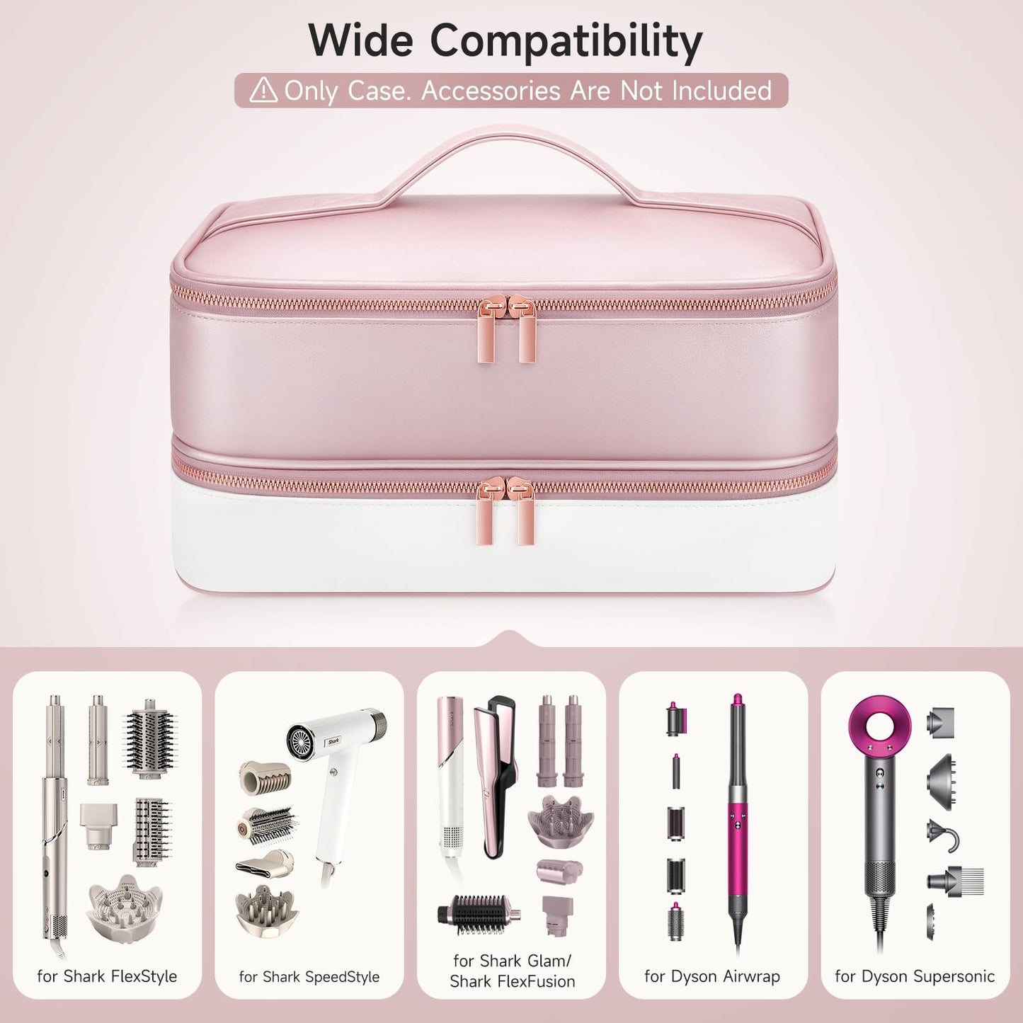 Travel Hair Dryer Case for Shark Glam, Portable Hair Tools Bag for Shark FlexFusion, Double-Layer Storage Carrying Case for FlexStyle Blow Dryer, Silki Straightener & Glossi Attachments Holder (Pink)