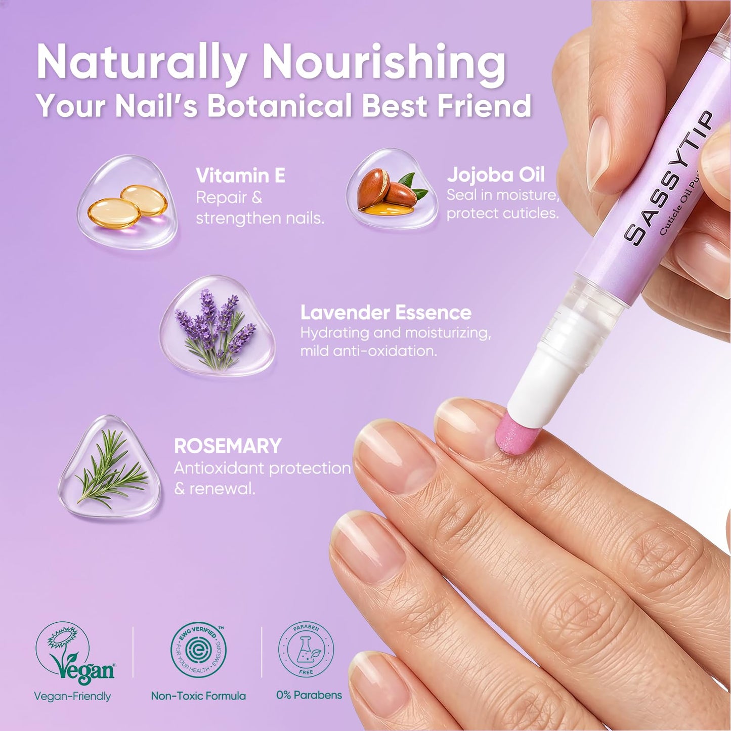 SASSYTIP Cuticle Oil Pusher Pen 2-in-1 Clean & Moisturize | Removes Dead Skin & Dirt from Nail Edges | Nourishing Jojoba & Almond Oils | At-Home or On-the-Go Manicure for Women & Men (Lavender)