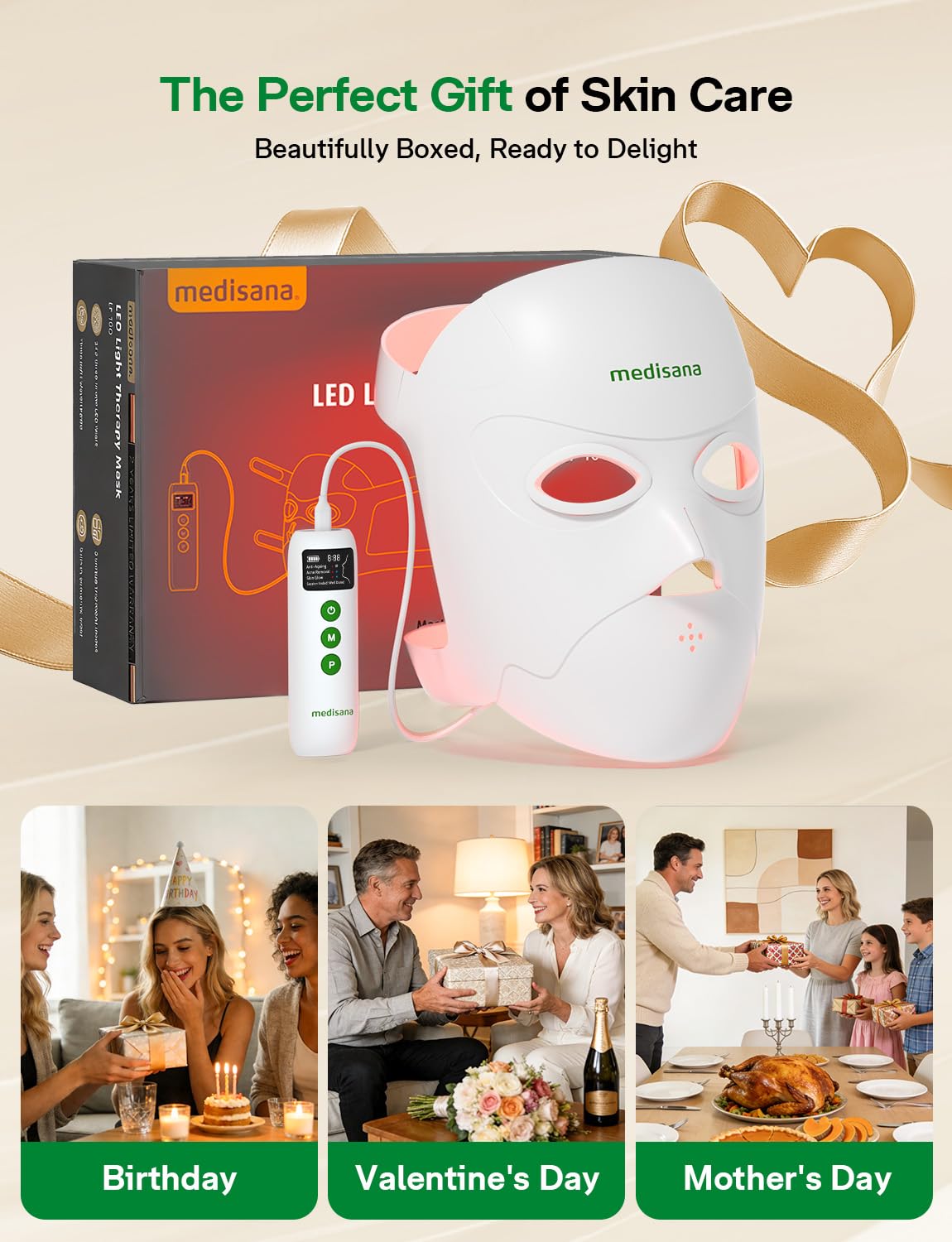 Medisana 3D Red Light Therapy for Face, 336 LEDs with 3 Modes - NIR 830nm, Red 630nm, Blue 415nm - 3D Ergonomic Silicone Design, Cordless & Rechargeable LED Face Mask, Skincare Gifts for Women