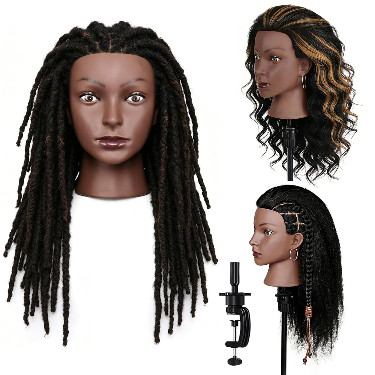 Real Hair Mannequin Head - 22'' Human Hair Cosmetology Training Doll with Clamp Holder & Tools | Black