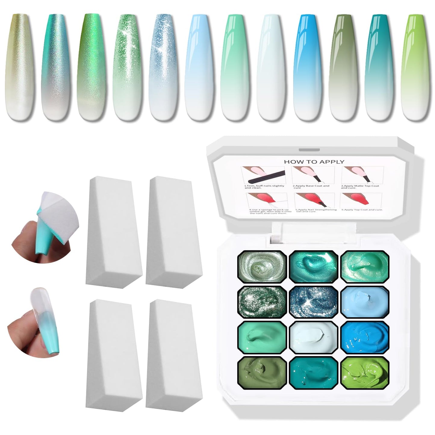 Sponge Pat Gel Nail Polish Palette - 12 Colors Ombre Gradient Art | No Wipe, UV/LED Cured