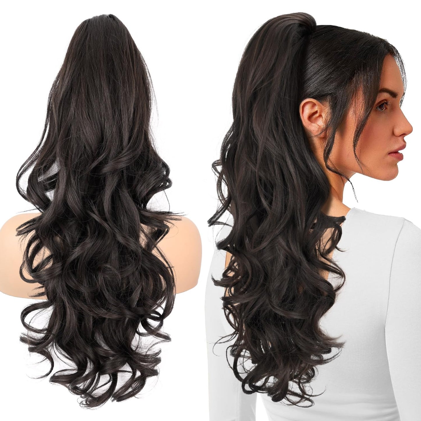 Ponytail Extension - 24" Claw Clip Synthetic Hairpiece | Long Curly Wavy Ponytail for Women - Black
