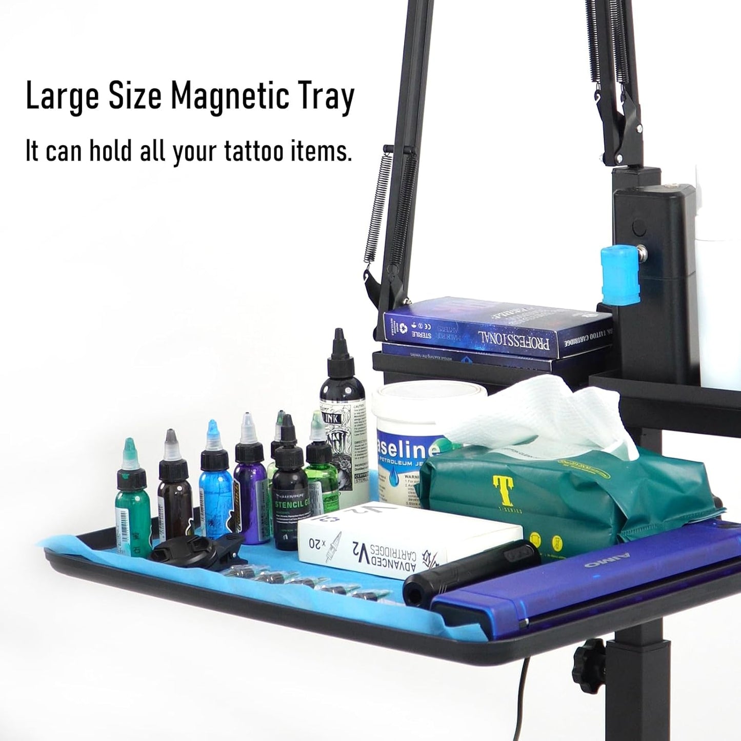 Tattoo Workstation - Multifunctional Tattoo Tray Cart with Light & Wheels | Mobile Phone & Tablet Holder, Magnetic Ink Tray