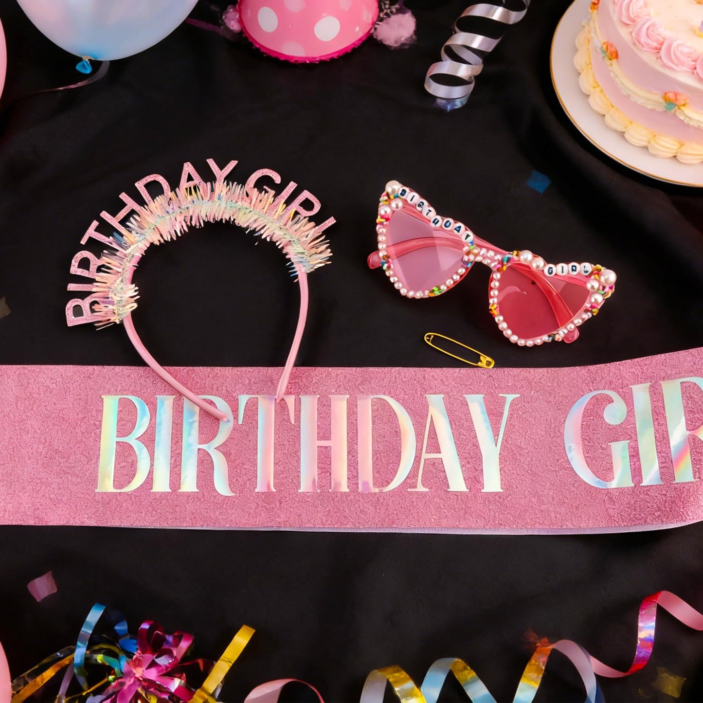 SuPoo Birthday Girl Headband Sash Sunglasses Set, Pink Birthday Accessories for Women Girls Glitter Birthday Crown & Sash Gift Outfit for Party Decorations Fun Glasses