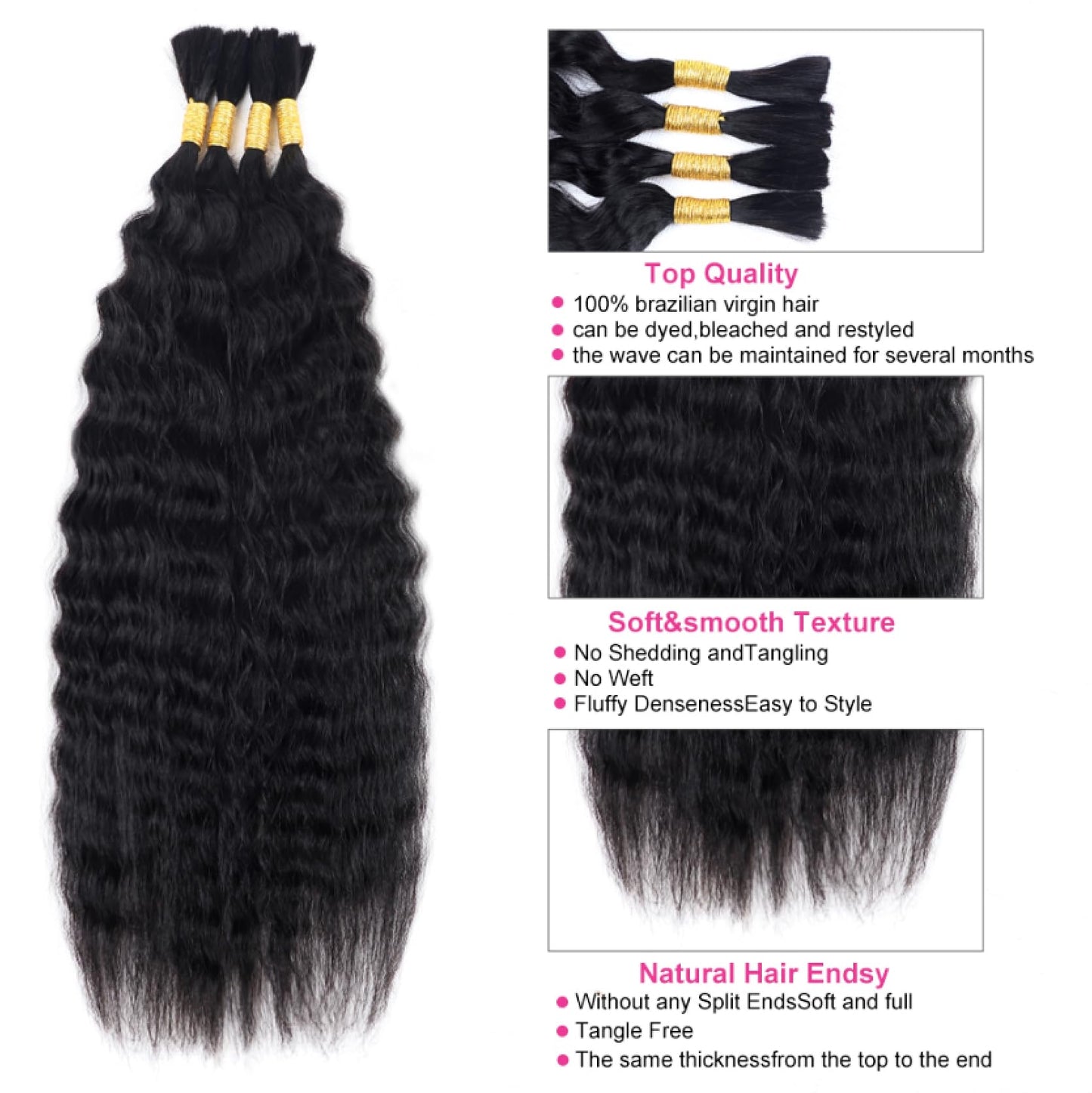 RLHAIR Wet and Wavy Human Braiding Hair Super Wave Bulk Human Hair For Braiding No Weft 100g (1Pack-4PCS) Super French Human Braiding Hair For Boho Braids (Super Wave（#1b）, 20 Inch)