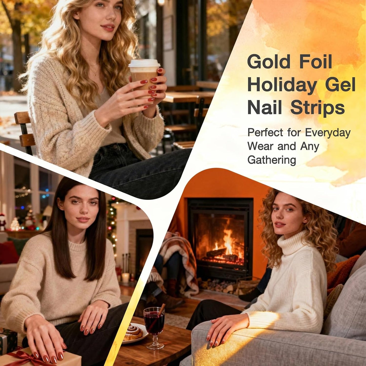 Burgundy Red Gel Nail Strips - 3pcs Semi-Cured UV Press-On Wraps with Gold Glitter | Easy Apply & Remove for DIY Nail Art