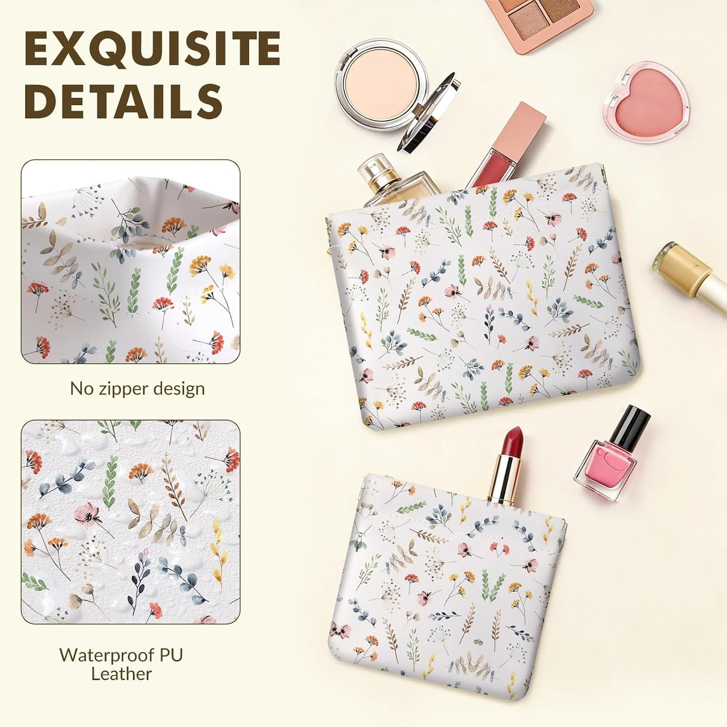 Makeup Bag Set - 2 PCS PU Leather Self-Closing Cosmetic Bags | Portable White Floral Travel Organizer for Women