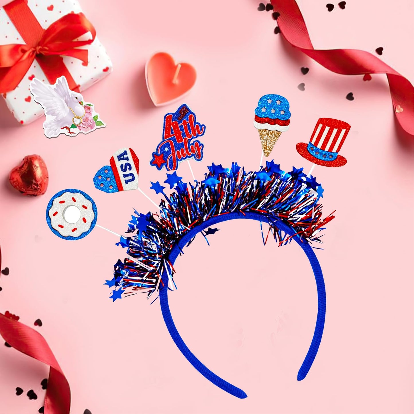 4th of July Headbands for Girl Women - Glitter Patriotic Headband Red White Blue Tinsel Headbands,Sparkly Independence Day Headband 4th of July Hair Accessories with USA Donut for Costume Party Parade