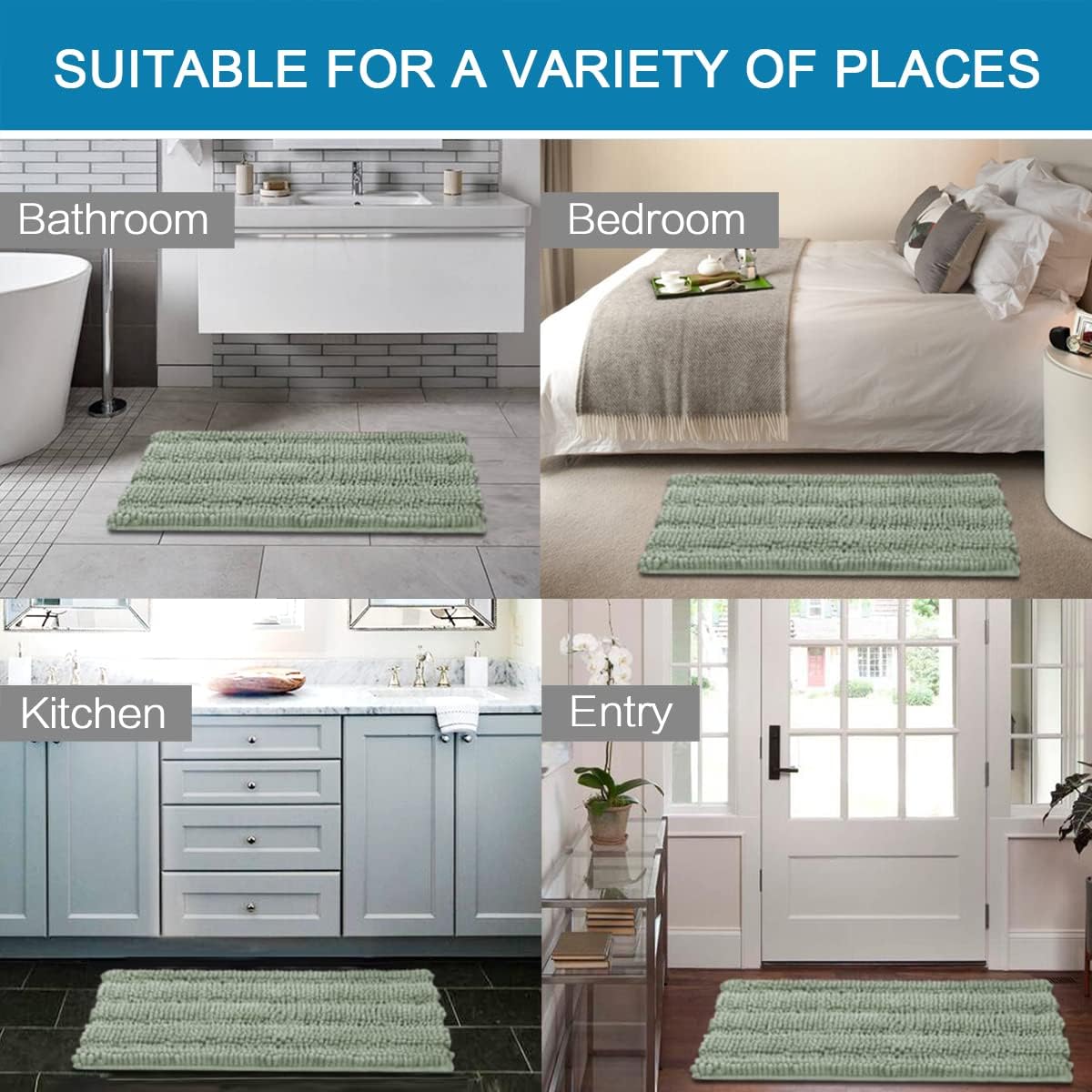 Sage Bathroom Rugs Set - Extra Thick Chenille Shaggy Mats | Non-Skid Bath Mats (32"x20" & 24"x17")