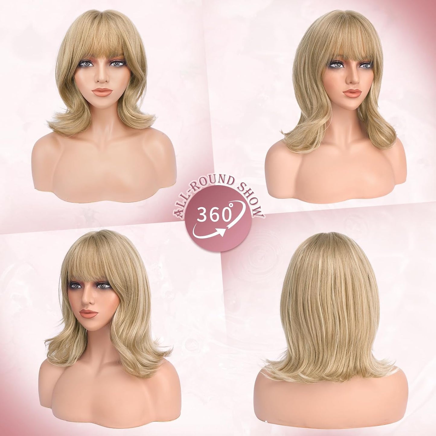 Blonde Short Bob Wig with Bangs - Wavy Layered Synthetic Hair | 14 Inch Dirty Blonde for Women