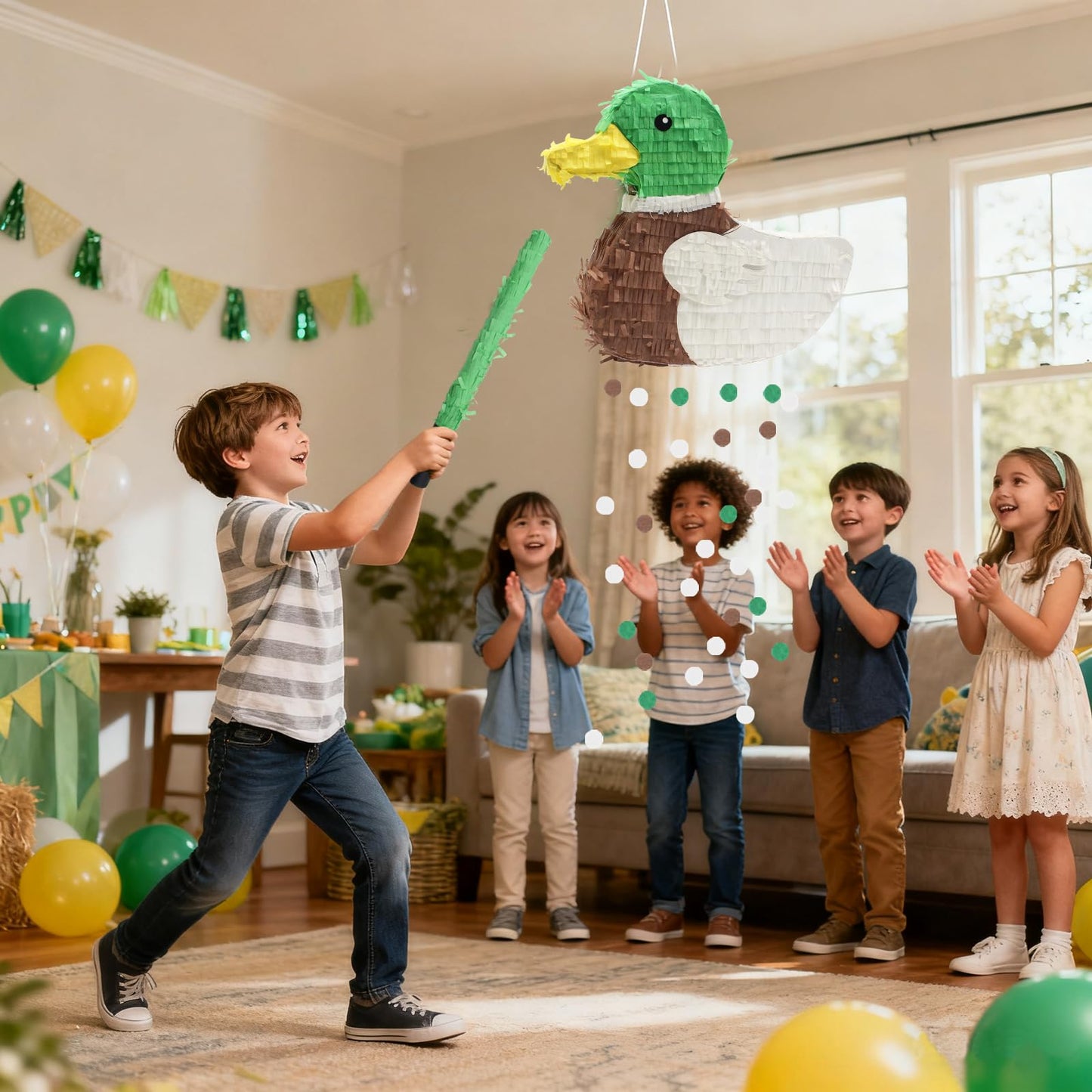 Mallard Duck Pinata Bundle with Stick, Blindfold, Bat, Gender Reveal Confetti for Duck Hunting Birthday One Lucky Party Decoration Farm Animal Theme Party Supplies