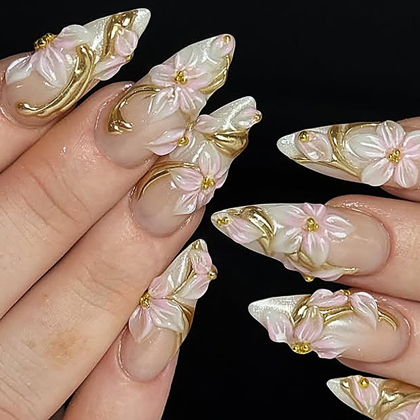 French Tip Press-On Nails - 24Pcs Medium Almond Colorful Star Design | Spring Flower Acrylic Manicure