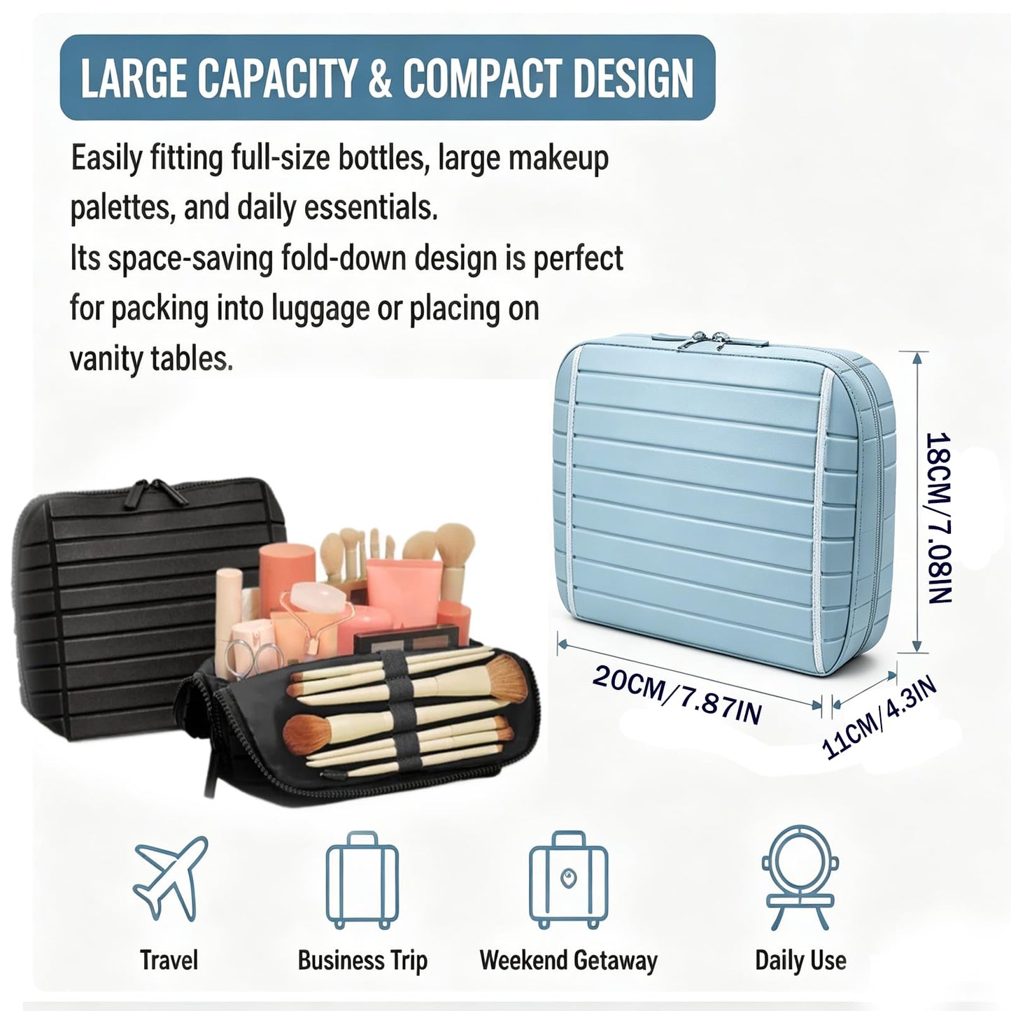 Makeup Bag Fold-Down - Large Capacity Travel Cosmetic Organizer with 27 Pockets, 3 Brush Holders & Adjustable Dividers, Portable Toiletry Case for Daily and Travel Use (Brown)