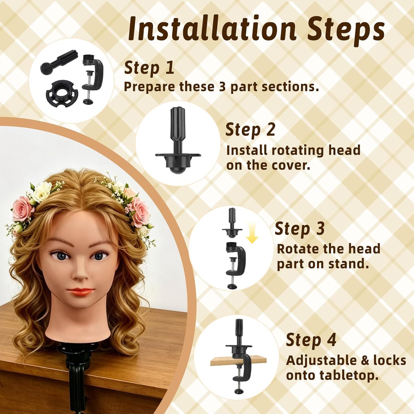 Mannequin Head - 90% Human Hair Styling Head for Cosmetology | 24" Gold Blonde Hairdressing Training Doll with Clamp