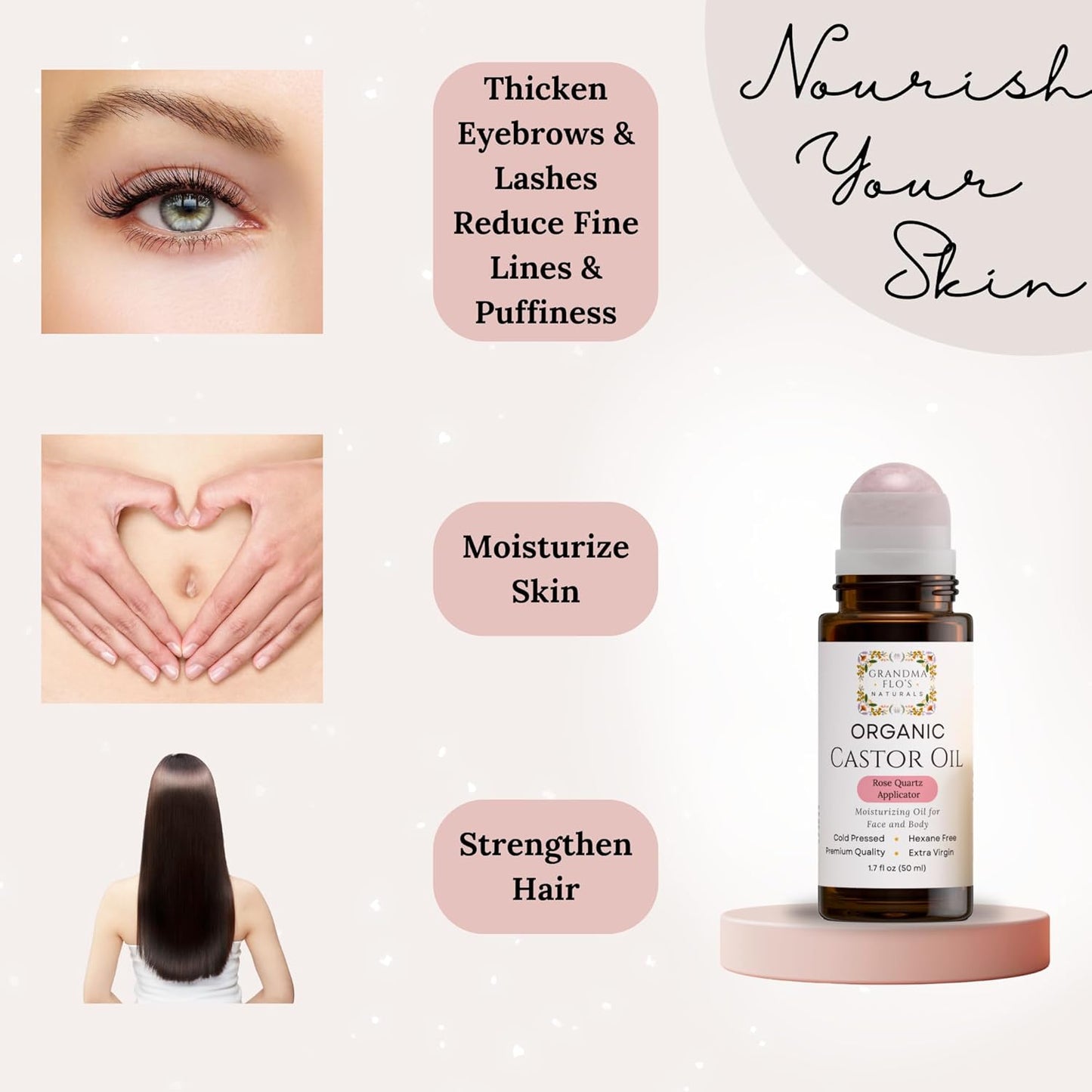 Organic Castor Oil with Rose Quartz Roll-On | Cold Pressed, Hexane Free, Unrefined - 50ml for Hair Growth & Skin Moisturizing