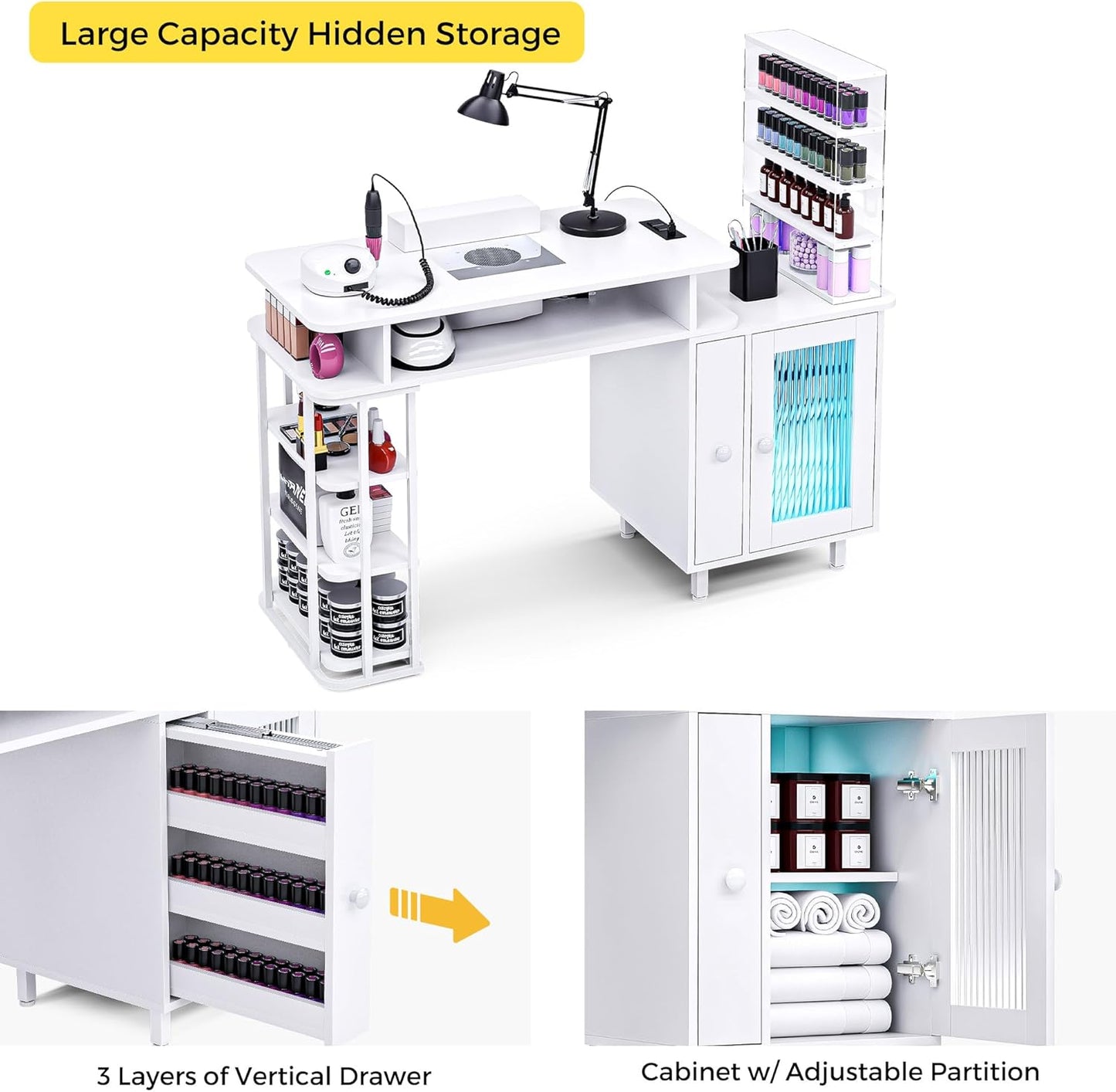 Manicure Table with LED Light - Nail Tech Desk with Dust Collector & Charging Station | White
