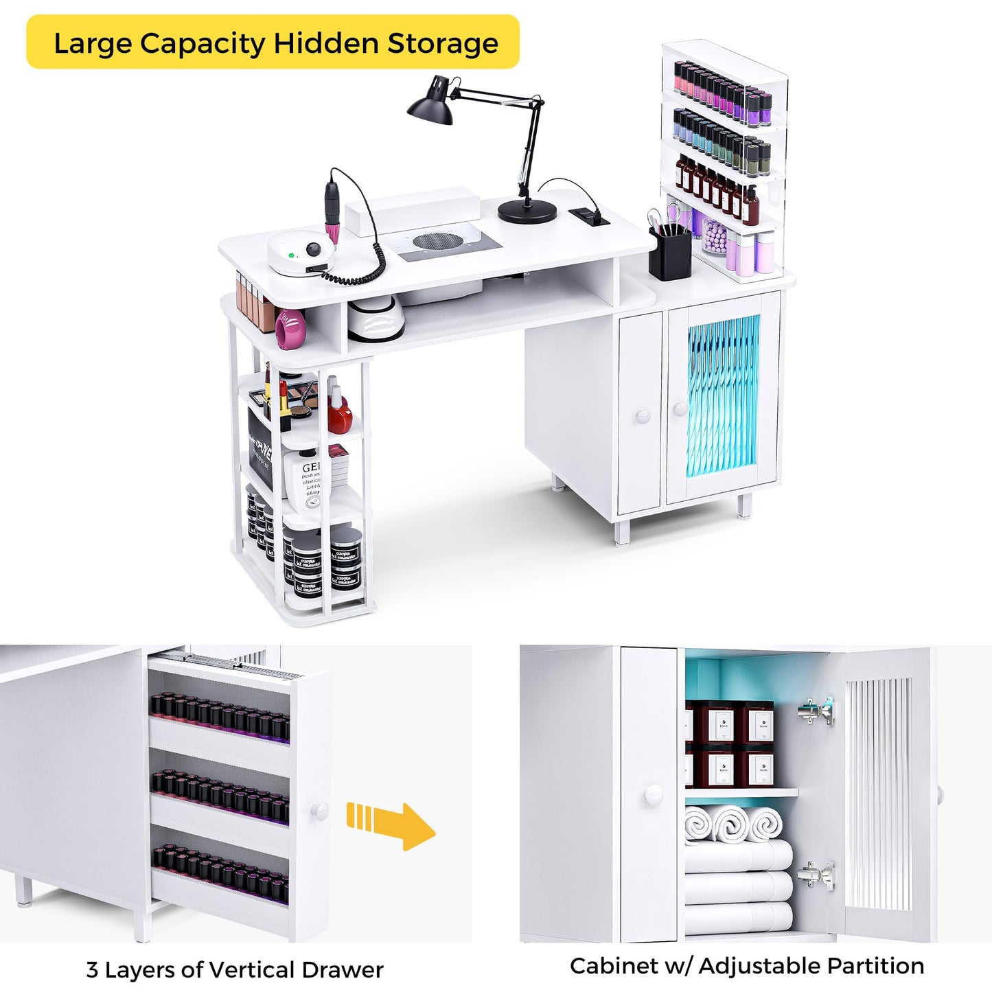 Kikihouse Manicure Table with LED Light, Nail Desk Nail Tech Table w/Dust Collector & Charging Station, Nail Station w/Removable Acrylic Storage Shelf, Drawers & Glass Door Cabinet, White