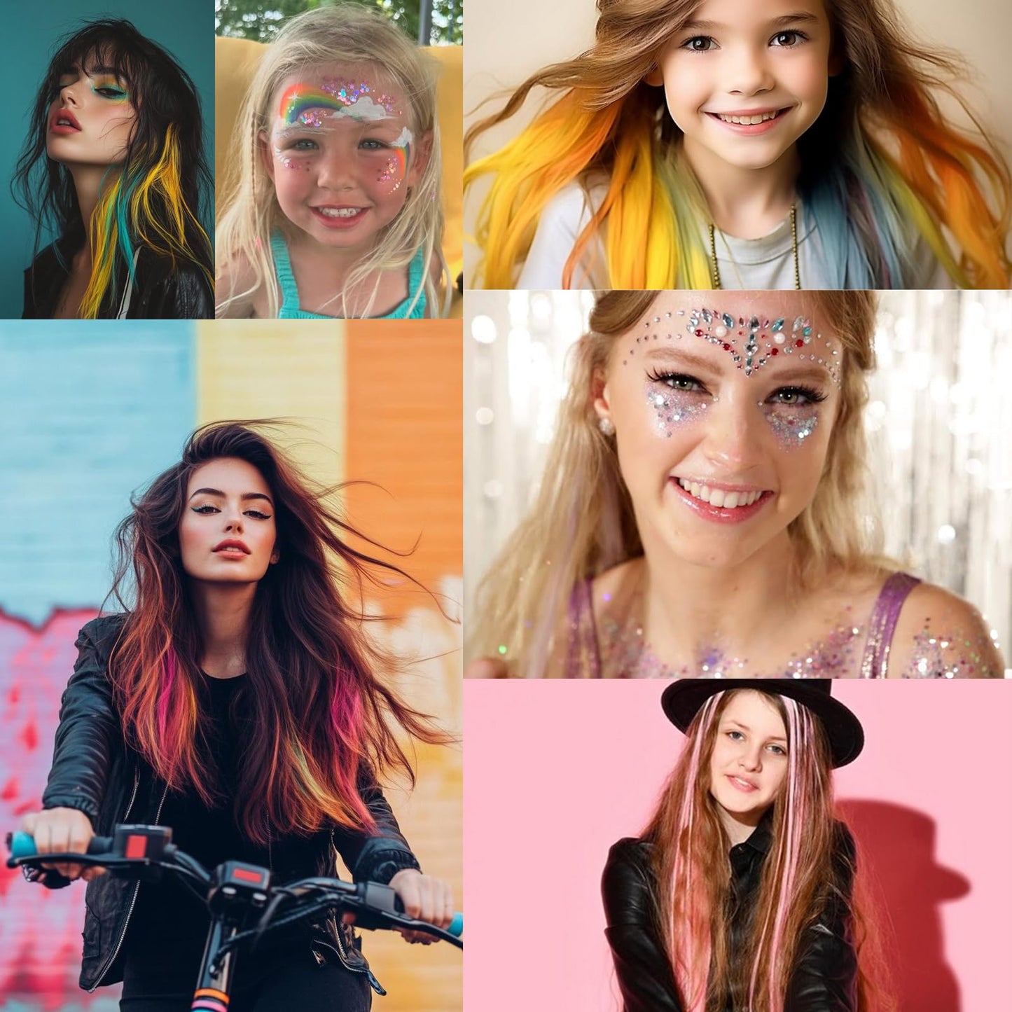 Colored Hair Extensions, 22 Inch Straight Clip in Hair Extension Body Face Hair Glitter Multi Color Rainbow Pink Red Hairpiece Extensions