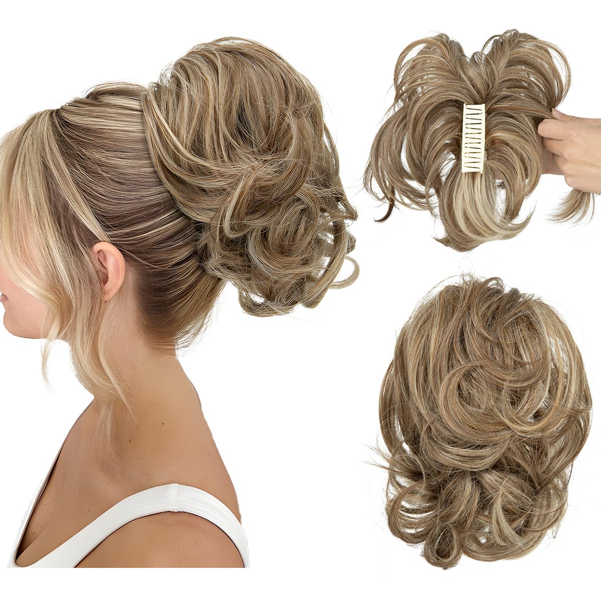 CJL Hair Claw Clip Short Ponytail Extensions - Bendable Metal Messy Bun Piece | Wavy Curly Synthetic Hair, Ash Grey