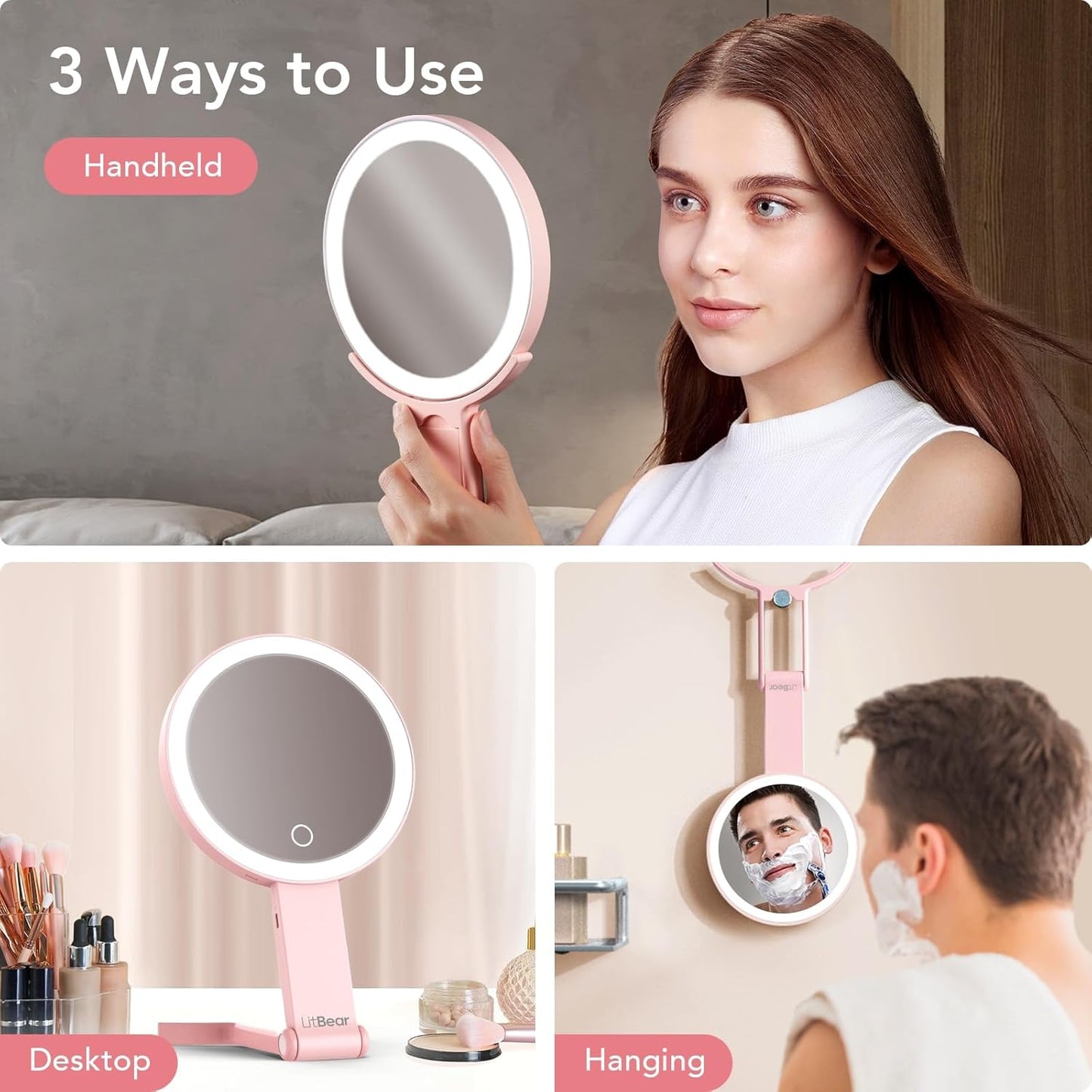 Travel Makeup Mirror with Lights - Rechargeable Double-Sided 10X/1X Magnifying | Portable Dimmable Touch Screen (Pink)