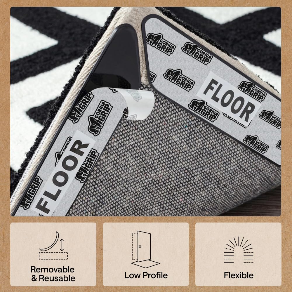 GORILLA GRIP® Rug Gripper Pads, 12 pc Reusable Double-Sided Stickers Keep Area Rugs Corners Flat, Grips Hardwood, Tile and Laminate Floors, Renter Friendly, Holds Down Carpet in Place, Home Décor