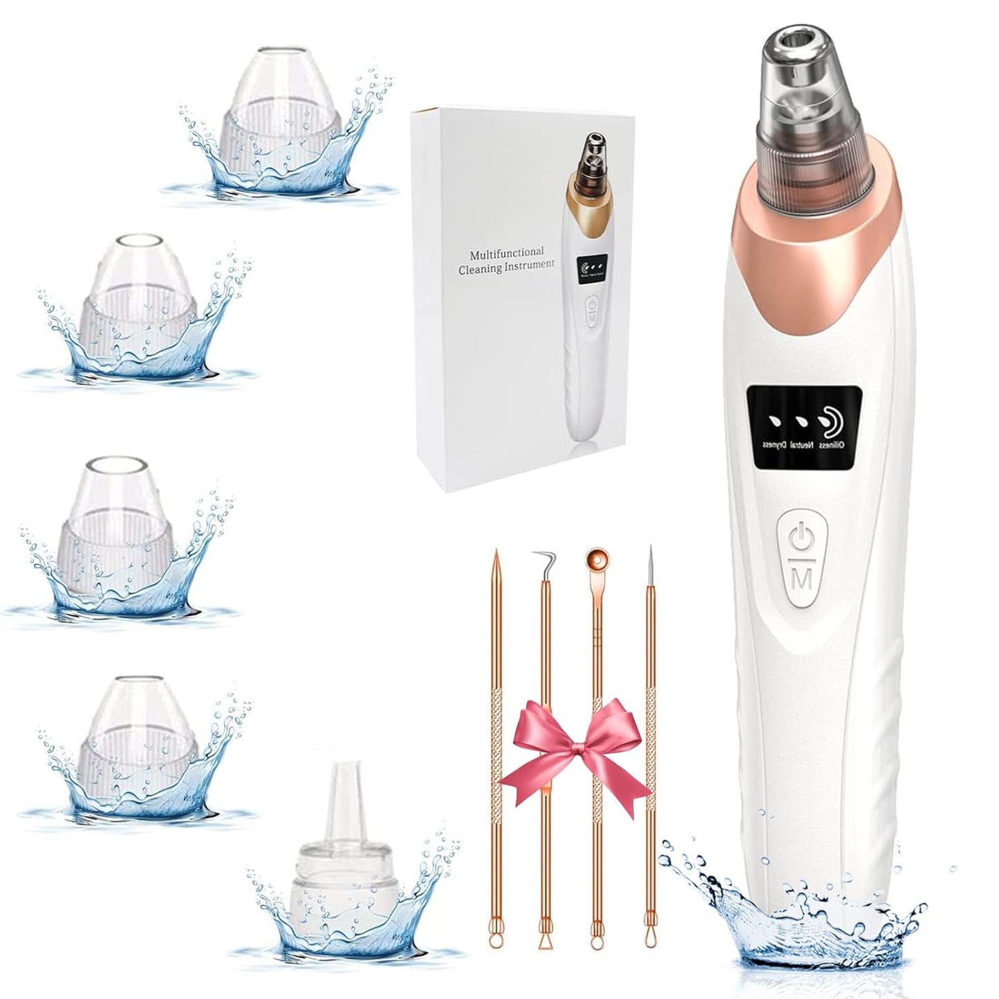 Pore Vacuum - Rechargeable Blackhead Remover with 5 Suction Heads | Adjustable Suction Levels & Stainless Steel Tools - At-Home Skincare Kit