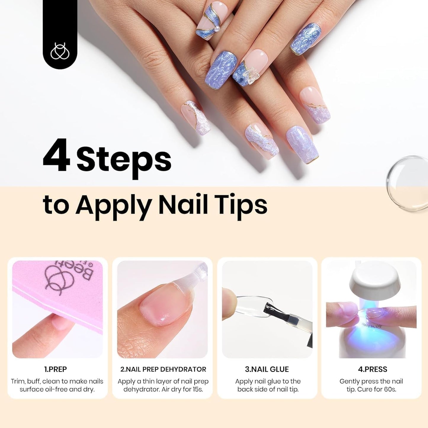 Beetles Gel Nail Tips - 576 Pcs Short Almond Acrylic False Nails | 12 Sizes, Easy DIY Press-On Extensions