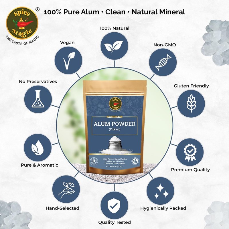 Spice Magic White Alum Powder 8oz (227g) | 100% Pure Natural Potassium Alum Powder (Fitkari/Phitkari) Alumbre en Polvo for Odor Control, Aftershave, Minor Cuts, Pickling & Skin Care