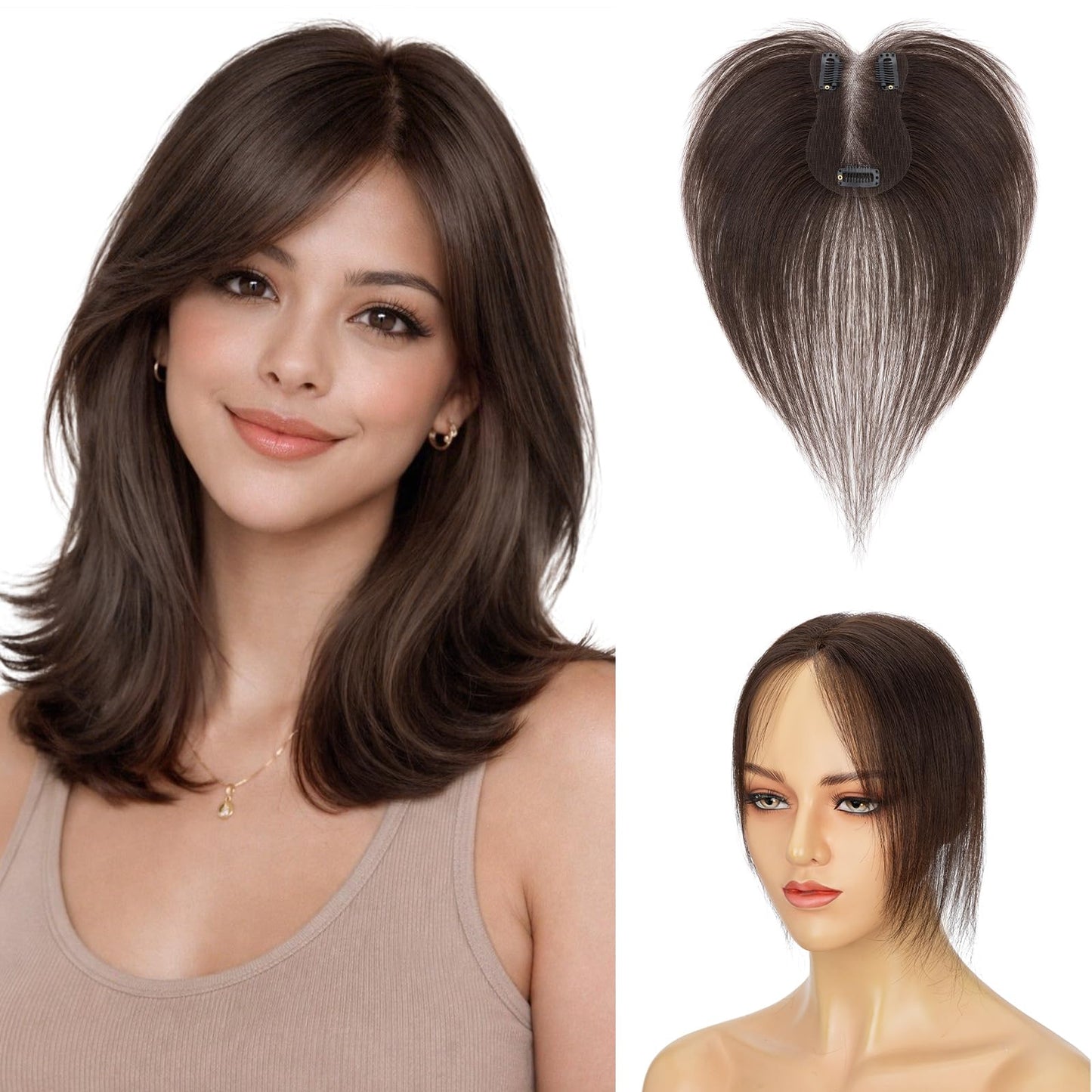Human Hair Toppers for Women,TESS Hair Toppers for Women Real Human Hair,Clip in Bangs,Invisible 3D 360°Full Cover Middle Part Side Bangs 2.8"*4.3"Lace Base 11 inches 14g #02 Dark Brown