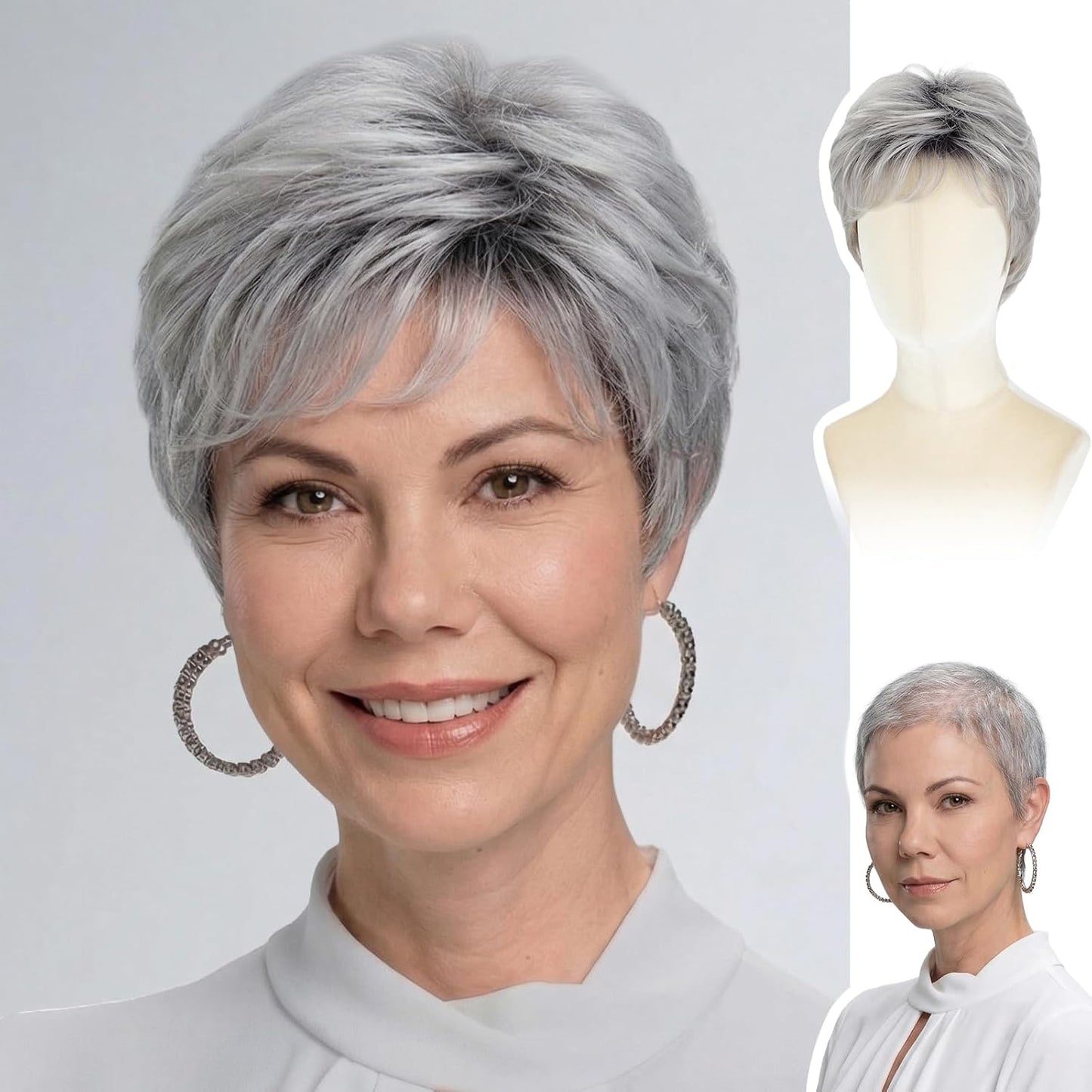 Short Pixie Wig for Women | Curly Ash Blonde with Dark Roots - Heat-Resistant Synthetic Wig with Bangs, Lightweight Cap