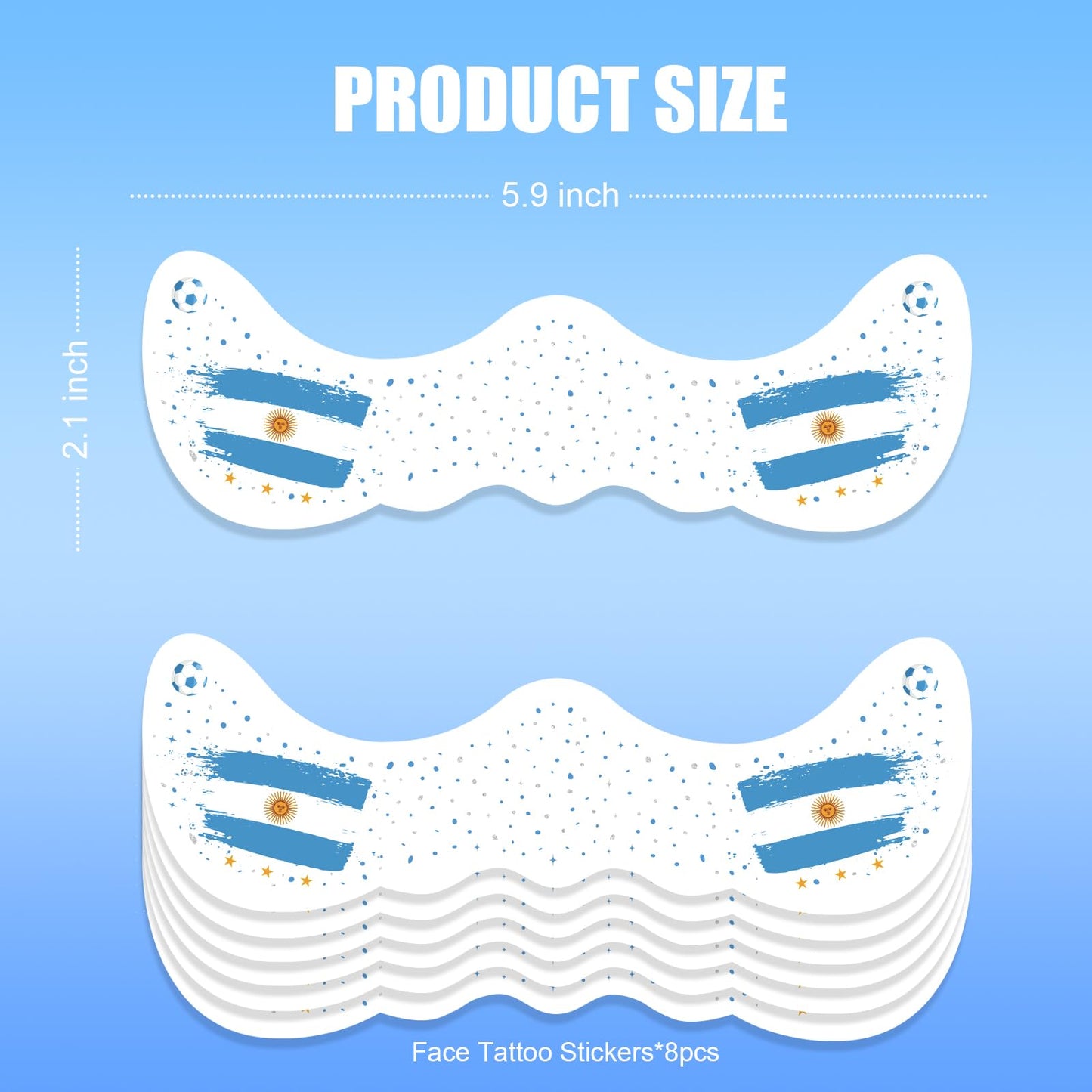 VXZ Blue & White Soccer Fan Freckles Face Tattoo - Sun & Flag Brushstroke Temporary Tattoos | Waterproof Sports Sparkle Stickers for Football Matches & Game Day Celebrations (8 Sheets)
