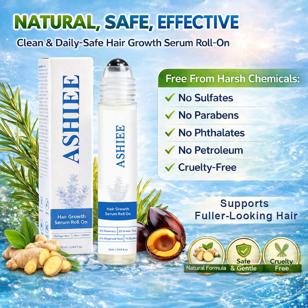ASHIEE Hair Growth Roller On with Rosemary & Ginger–Precision Roll-On Hair Growth Serum for Thinning Hair, Edges & Crown–Vegan, Clean Formula for Men & Women–Boosts Fuller, Thicker-Looking Hair