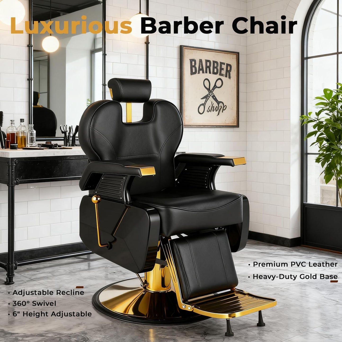 Black and Gold Barber Chair, Heavy Duty Hydraulic Reclining Barber Chair for Barbershop w/ Adjustable Headrest & Footrest, 360° Swivel Studry Frame barber Chair for home, Spa, Tattoo, Beauty Salon
