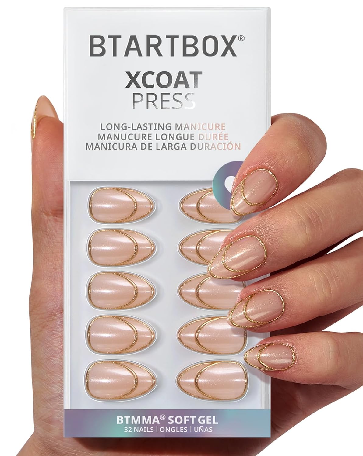 French Tip Press On Nails - Silver Bells | Lamp-Curable Short Almond Design, 16 Sizes, 32 Soft Gel Kit