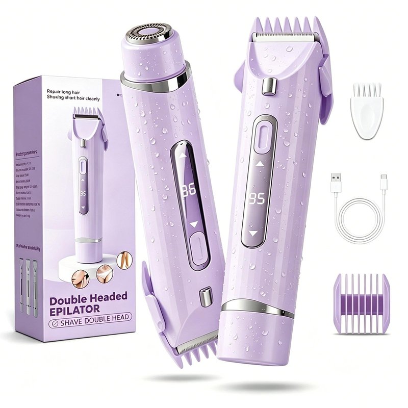 OGLEA Women's Electric Shaver, 2-in-1 Bikini Trimmer with LED Light & Power Indicator, Rechargeable Cordless Body Hair Removal for Face Underarm Legs, Detachable Rinseable Heads, Purple