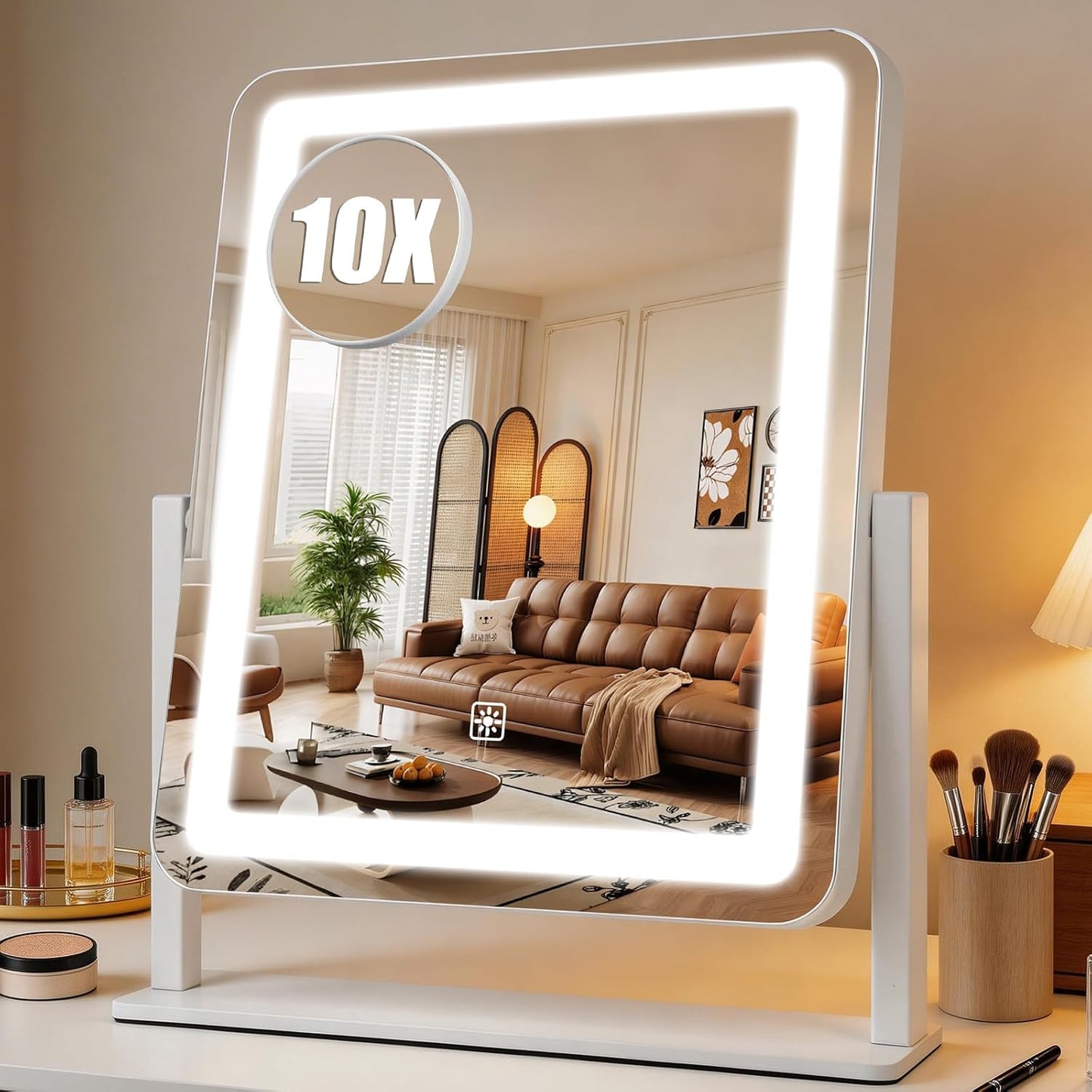 LED Makeup Mirror with Lights - 15" x 12.2" Dimmable Vanity Mirror with Smart Touch & 3-Color Lighting | 360° Rotation, White