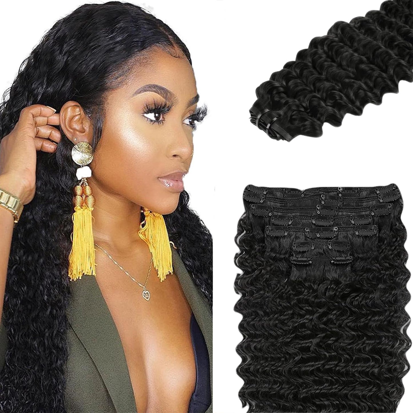 Deep Wave Clip ins Human Hair, 26 Inch 120g/7Pcs,Full Shine Black Human Hair,Natural Black Clip ins Brazilian Virgin Hair #1B Deep Wave Clip in Hair Extensions
