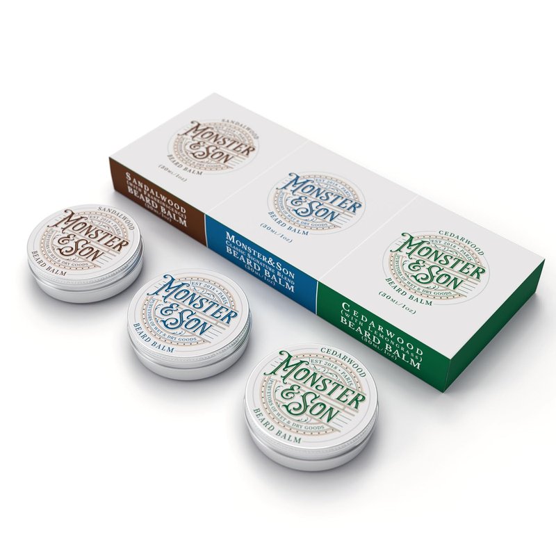 Monster&Son Organic Beard Balm Variety Pack x3 - Helps to Hydrate, Style and Promote New Hair Growth - Rich in Vitamins & Minerals - Jojoba Oil, Shea Butter, Coconut Oil - Ideal Gift for Bearded Men
