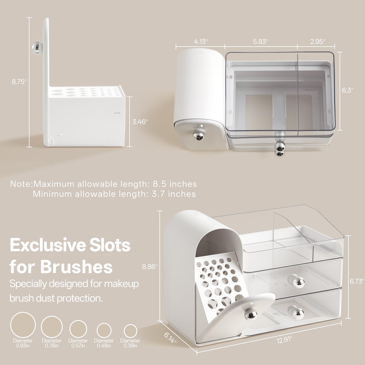 HBlife Makeup Organizer Countertop with Drawers, Vanity Organizers with Brush Holder, Bathroom Counter Organizer for Perfume, Nail Polishes, Lipsticks, Skincare and Eyeshadow Palettes, White Sliver