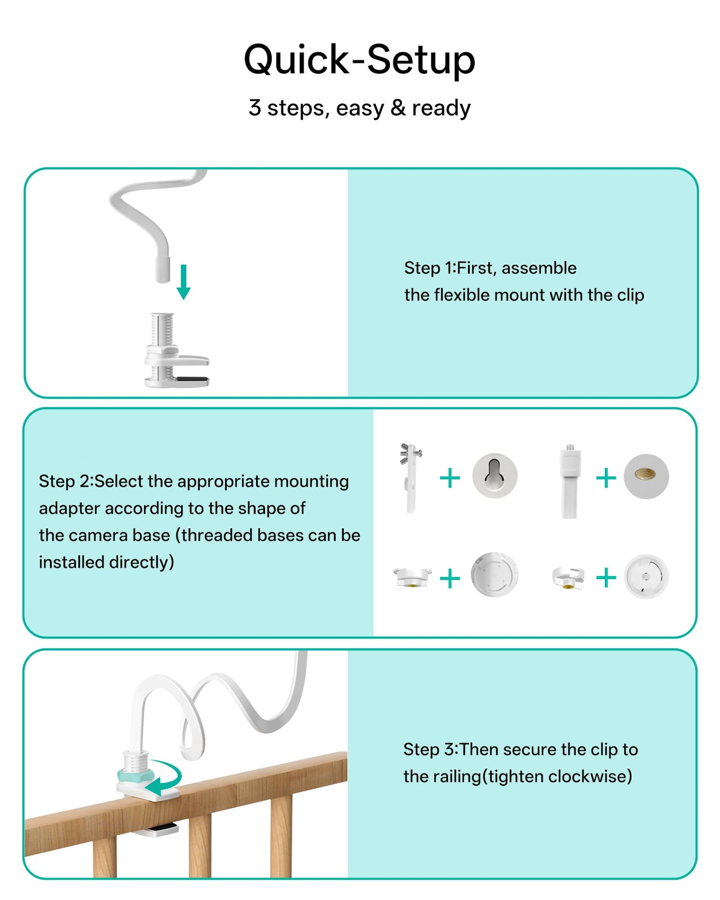 Jartoo Baby Monitor Mount Compatible with HelloBaby HB65/HB40/HB6560/HB6339/HB6550 Pro, Infant Optics, Momcozy, Nanit, VAVA, 16.9" Flexible Crib Clip Mount Long Gooseneck Arm, No Tools or Wall Damage